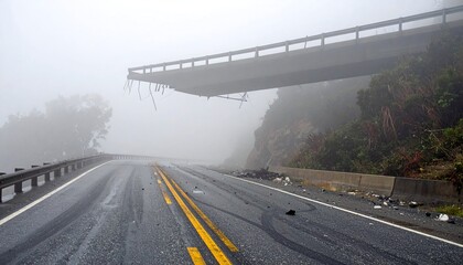 Fototapeta premium A fog-shrouded highway scene with a partially collapsed bridge, debris scattered across the road