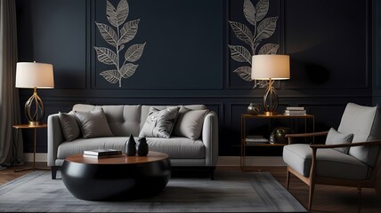 Comfortable contemporary living room with armchair, sofa, and floral decor