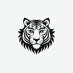 Tiger Face Silhouette in Tribal Art Style – Abstract Black and White Design with Flowing Mane