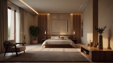 Luxury living room interior with a comfortable sofa, fireplace, and large window in a modern hotel or apartment design