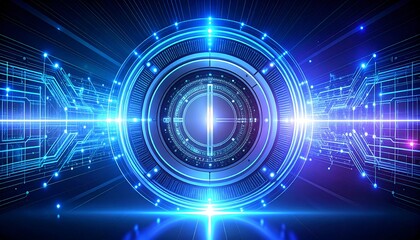 Fototapeta premium A futuristic digital artwork features glowing blue concentric circles and circuit board designs, conveying advanced technological concepts