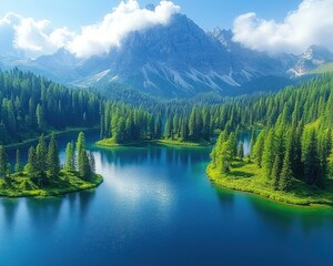 Scenic aerial view of a beautiful turquoise lake and forest mountains. Perfect for travel blogs, nature websites, or landscape posters.