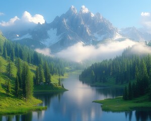 Majestic mountain peaks rise above a serene lake and a lush green forest. Perfect for travel blogs, nature-themed posters, and outdoor adventure ads.