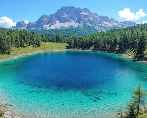 Turquoise lake water framed by pine trees and a craggy mountain under a blue sky. It can be used for travel ads or outdoorsy themes.