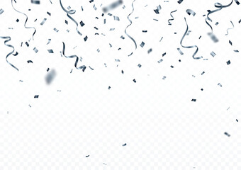Falling Silver confetti and ribbon, isolated on transparent background
