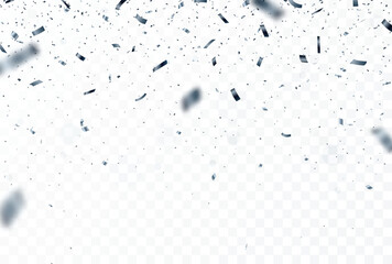 Falling Silver confetti and ribbon, isolated on transparent background