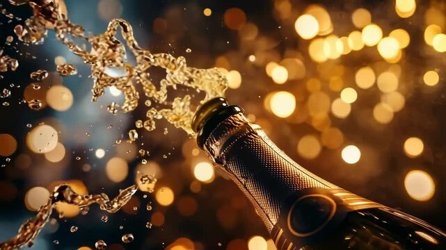 Champagne bottle popping with sparkling bokeh background