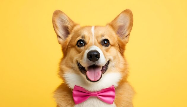 "cute corgi with pink bow on yellow background playful pet portrait concept of cheerful dog 
