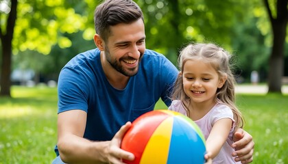 Fototapeta premium happy father playing ball with daughter in summer park father's day concept of active family bonding and outdoor fun