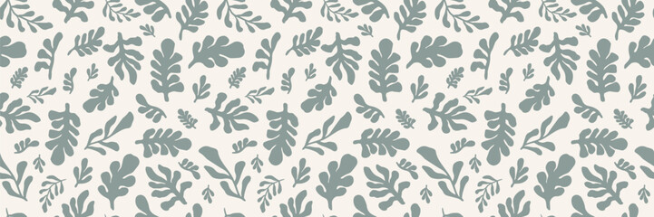 Fototapeta premium Abstract floral seamless pattern with hand-drawn botanical leaves in green on a light background. Trendy natural texture for fabric, wrapping, wallpaper, and surface design. Vector illustration.