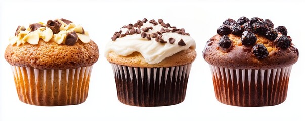 Three assorted muffins with chocolate isolated on white background