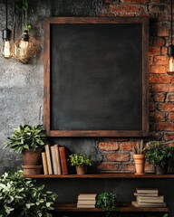 Dark rustic interior with a large blank chalkboard framed in dark wood, flanked by Edison bulb lights and potted plants on a wooden shelf with books