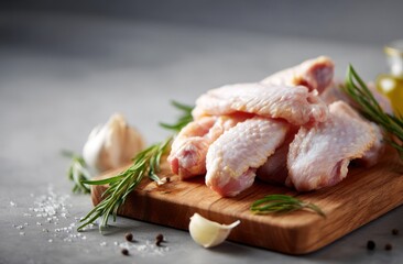 Fototapeta premium Raw chicken wings arranged on a wooden cutting board.