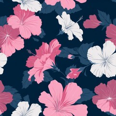 Delicate floral pattern of hibiscus flowers in shades of pink and white.