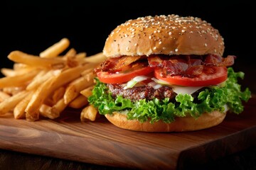 Mouthwatering Burger with Bacon, Lettuce, Tomato and Fries