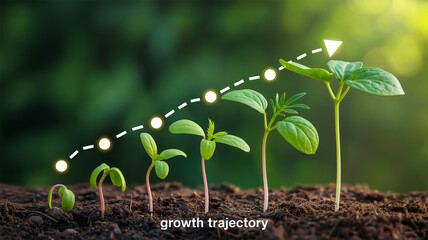 A digital composite image of growing green seedlings emerging from dark soil, arranged in ascending order from left to right .