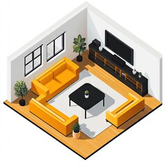Isometric view of a modern living room with orange sofas, a black coffee table, and a TV
