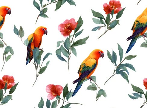 Tropical parrot and flower seamless pattern design.