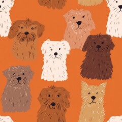 Dog portraits in a cheerful orange pattern.