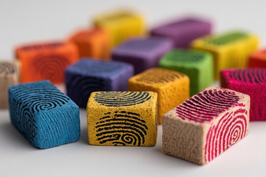 Macro shot of colorful wooden blocks with fingerprint pattern arranged creatively, showcasing individuality, diversity, and identity in a playful and artistic manner.