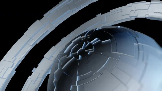 Futuristic sphere with rotating segmented rings and glowing tech elements in dark digital space