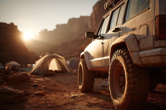 An off-road vehicle parked at a desert campsite at dawn, tents pitched, with the sun rising over the red rock canyon in the background, creating a sense of adventure.