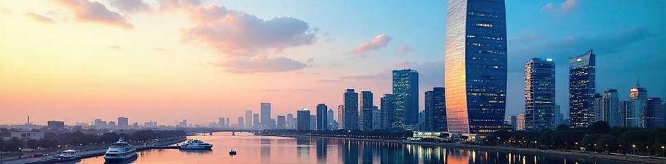 Obraz premium Sleek modern office building skyscraper, glass facade reflecting city skyline, architectural design, urban landscape Perfect for real estate, business, and corporate branding , urban landscape, urban