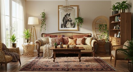 Bohemian style living room interior design image with plants