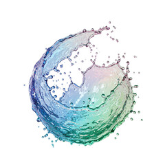 Abstract iridescent water splash forming a sphere, dynamic fluid motion, vibrant teal, blue, and pink hues, isolated on white background, perfect for design projects needing a refreshing, modern feel
