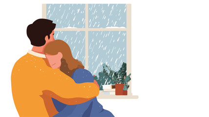 Obraz premium The image is a vector illustration depicting a couple embracing each other while looking out a window at a rainy scene. The style is minimalist and flat, with muted colors. The couple is drawn in a