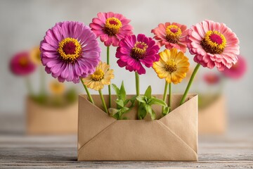 Colorful zinnia flowers arrangement in a brown paper envelope on wooden table, conveying a message of love, happiness, and appreciation with bright blossoms