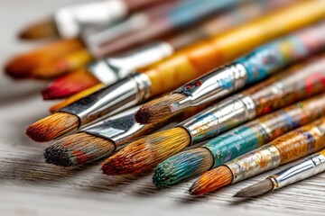 Obraz premium A close-up view of artist paintbrushes, showing bristles with various colors and paint splatters on the handles, creating an artistic and creative impression.