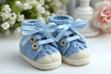 Close-up shot of adorable blue knitted baby booties with delicate ribbon laces, creating a soft and charming atmosphere, perfect for newborn and baby-themed projects.