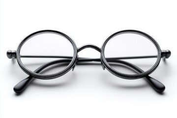 Fototapeta premium Close-up studio shot of vintage-style round black eyeglasses on a white surface, elegant eyewear for vision correction and a distinctive fashion statement.