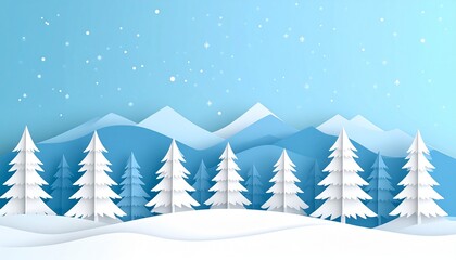 Fototapeta premium A cold winter landscape shows snow-covered fir trees in a peaceful, frosty forest scene under a blue sky, perfect for a holiday card design