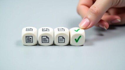 A hand selects a document cube with a checkmark.