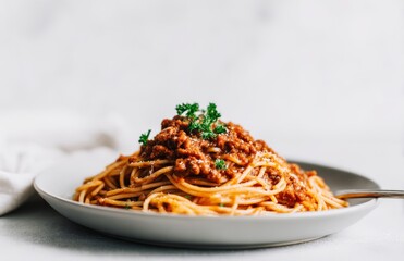 Spaghetti with meat sauce on a plate.