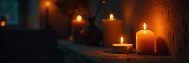 Warm candlelight illuminates a dark room, creating a cozy and intimate atmosphere Soft glow, flickering flames, shadows dance on the wall, creating a sense of peace and tranquility , dark, mood