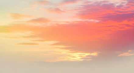 Fototapeta premium Evening sky with clouds. Golden sunset. Pastel pale yellow coral peach pink rose and red beige white abstract background for design. Color gradient. Template.