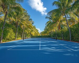 A blue tennis court is surrounded by lush tropical plants and palm trees. Perfect for travel ads, sport articles, or promoting active lifestyle.