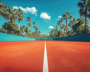 An empty red clay tennis court with green trees and blue sky background. Use to illustrate tennis, recreation, sport and healthy lifestyle.