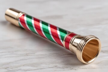 A festive kaleidoscope with red, green, and gold stripes, creating a Christmas-themed design, lying on a marbled surface, celebrating the holiday season with sparkle and shimmer.
