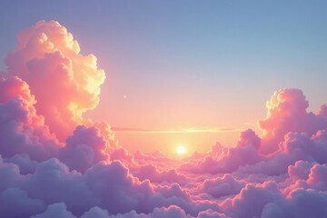 Soft pastel sunset hues illuminate fluffy clouds , delicate, pink, scene
