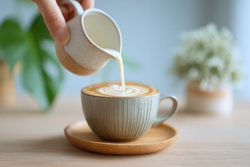 Fototapeta premium A serene composition of milk being poured into a cup of coffee, creating latte art, set against a soft, natural background, showcasing culinary artistry and morning rituals.