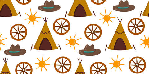 a charming seamless pattern for father's day featuring cowboy hats, native american tipis, wagon wheels, and suns on white © pani_Nadichka