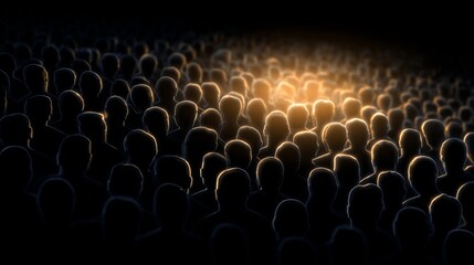 Obraz premium Large crowd of silhouetted people facing a bright light in a dark environment