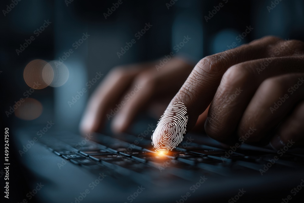 Poster fingerprint scanner on computer keyboard used for secure access and authentication, emphasizing biom