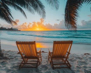 Two chairs on a beach face a vibrant sunrise over the turquoise ocean. Evokes feelings of relaxation, vacations, and seeking tropical destinations.