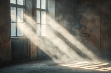 Bright sunbeams illuminating floating dust in an old room