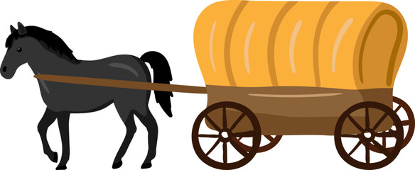 vector isolated object cartoon covered wagon with horse, pioneer day historical transport illustration for clip art and education © pani_Nadichka